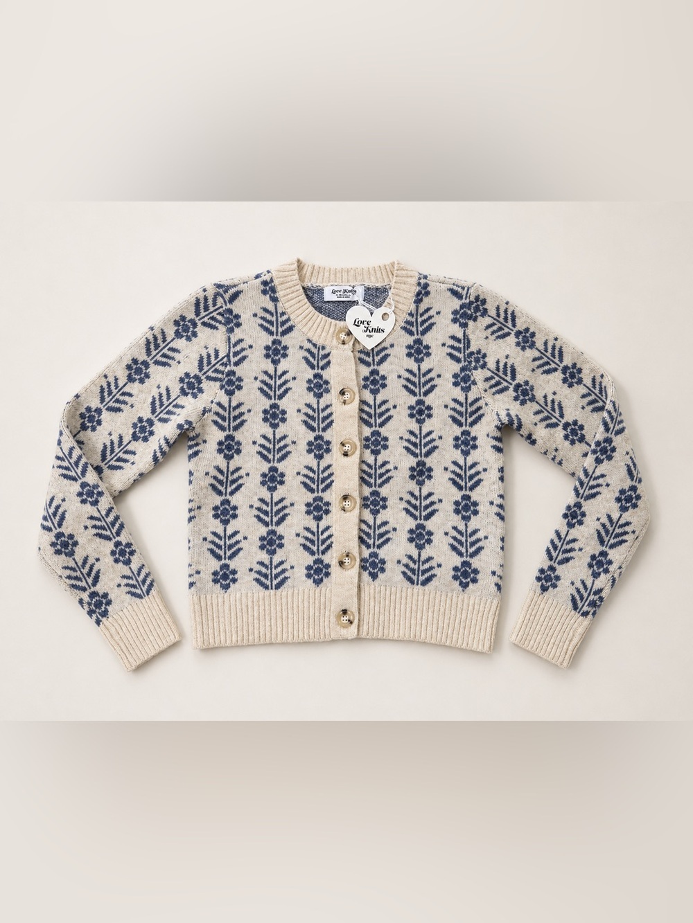 Love Knits NYC Floral Cardigan Sweater Women’s XS Cream Blue Button Knit NWT